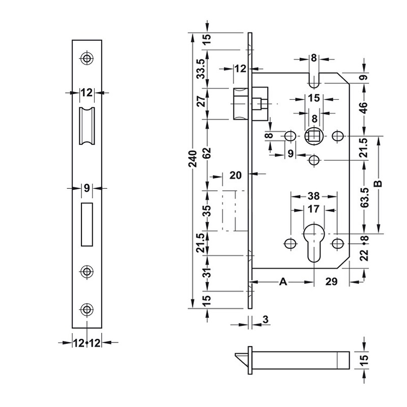 911-02-165 (2) Thiết kế của Thân Khóa Lưỡi Gà Chốt Chết C/C 85mm Hafele 911.02.165