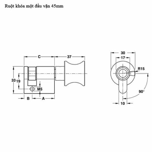 Kích thước của Ruột khóa 1 đầu vặn 45mm màu đen Hafele 916.64.035