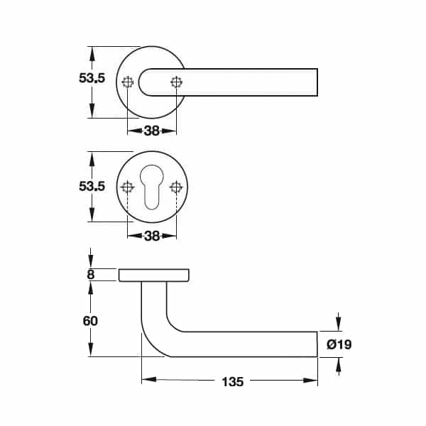 Kích thước của Tay nắm gạt cửa phòng Hafele 903.92.596 Kích thước của Tay nắm gạt cửa phòng Hafele 903.92.596