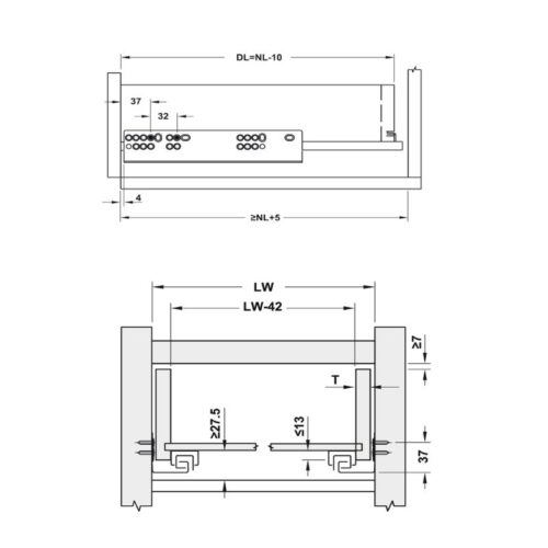 Kích thước ray âm EPC Evo 300mm giảm chấn Hafele 433.32.071