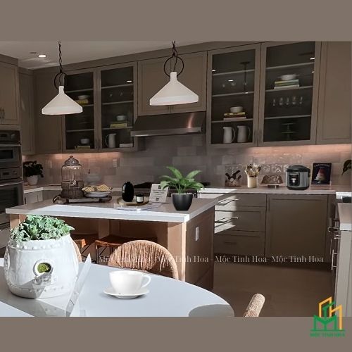 Mẫu tủ bếp Inox cánh kính cường lực CKCL10 - Tủ bếp chữ U, hiện đại