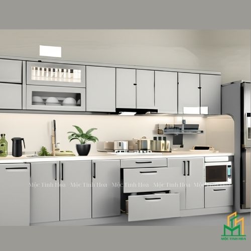 Mẫu tủ bếp Inox cánh kính cường lực CKCL13 - Tủ bếp chữ I, hiện đại