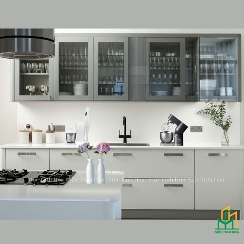 Mẫu tủ bếp Inox cánh kính cường lực CKCL15 - Tủ bếp chữ I, hiện đại