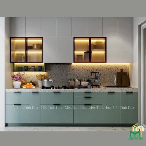 Mẫu tủ bếp Inox cánh kính cường lực CKCL17 - Tủ bếp chữ I, hiện đại